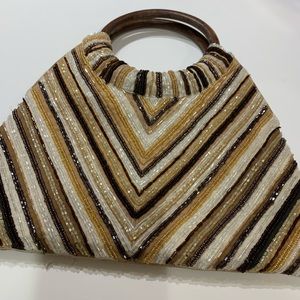 The Limited Handmade beaded vintage purse.  Gold/brown/beige beads, wood handle
